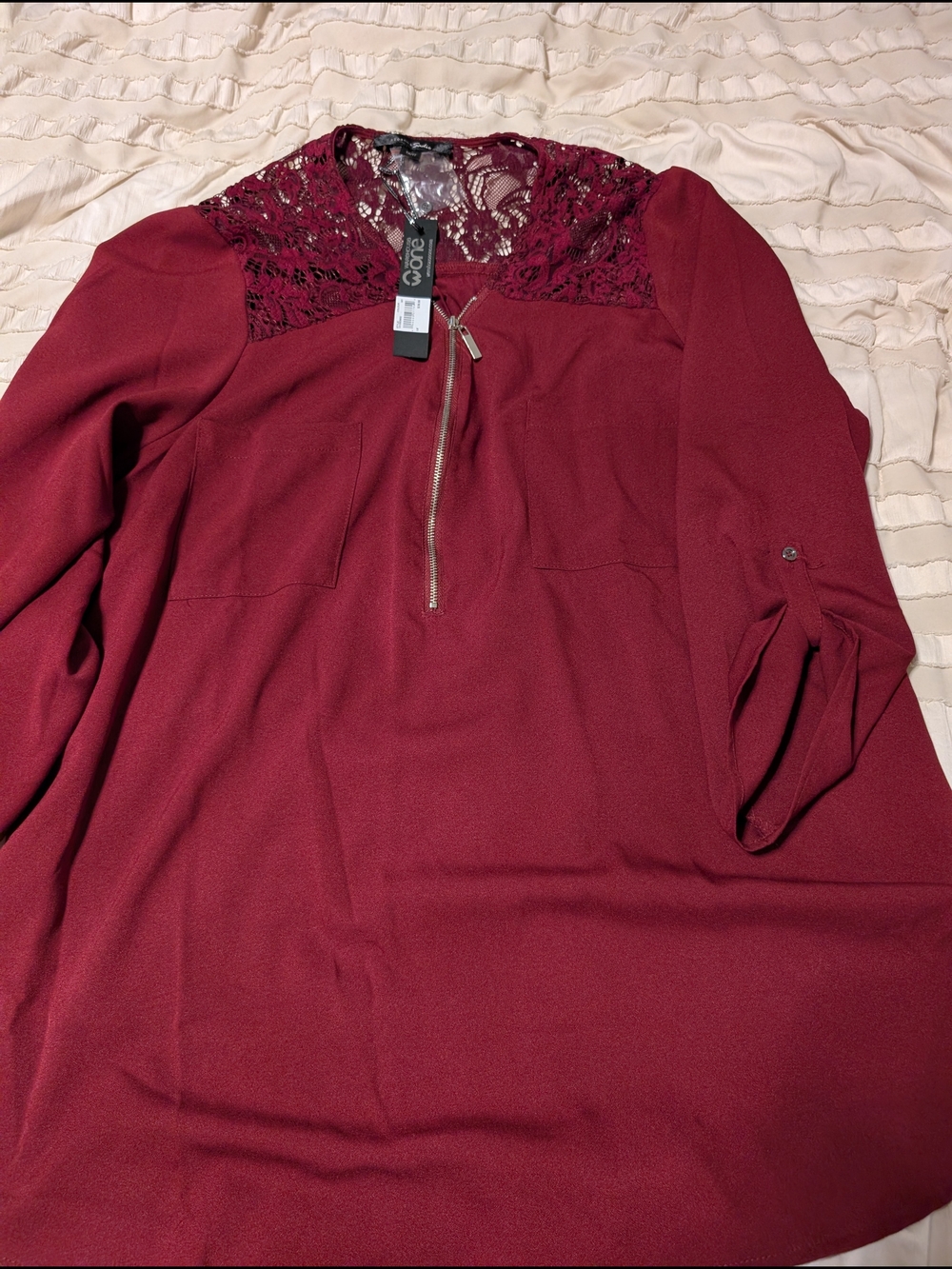 Warehouse Burgundy Lace Yoke Zip-Front Blouse